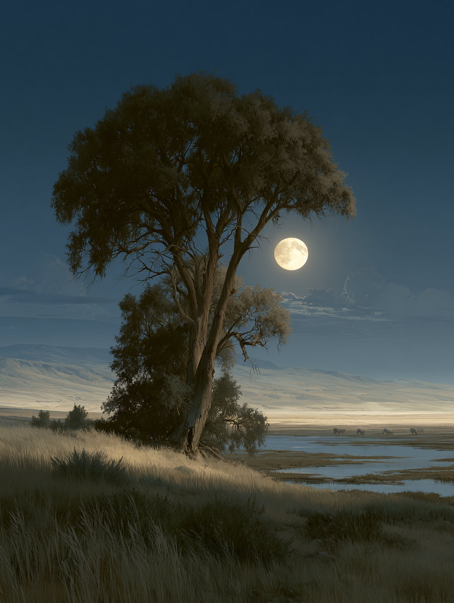 A large tree in foreground with full moon shining bright and a river with distant animals on the plains and hills in the background under a dark blue sky