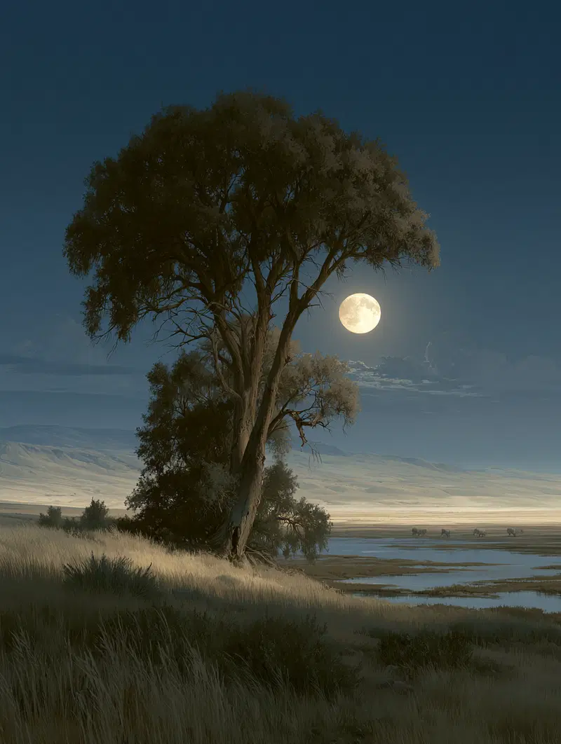 Serene moonlit landscape with tall tree and distant animals by water