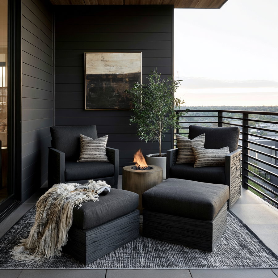 Balcony featuring two dark gray armchairs with pillows, two matching ottomans, a small wooden fire pit, a potted plant, and a framed abstract painting with dark tones on a dark shiplap wall