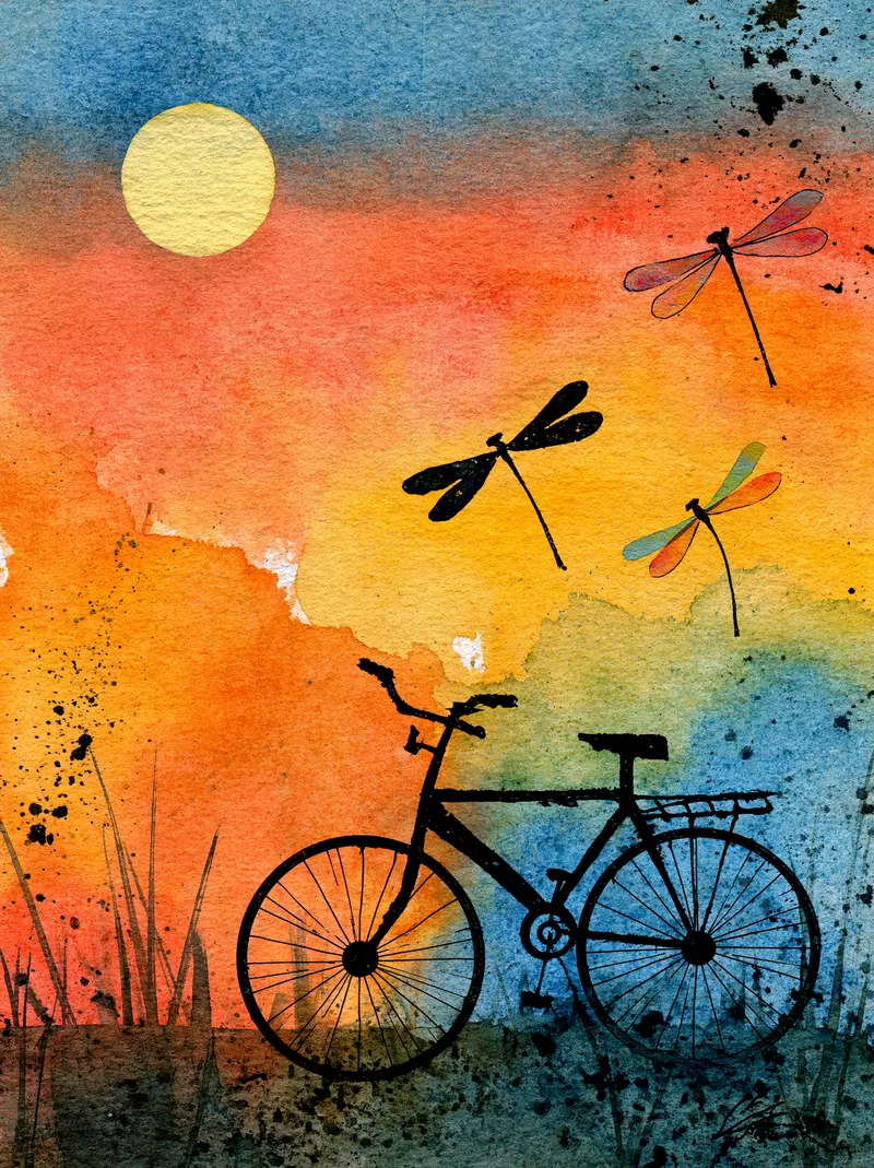 Vibrant Watercolor Bicycle and Dragonflies at Sunset
