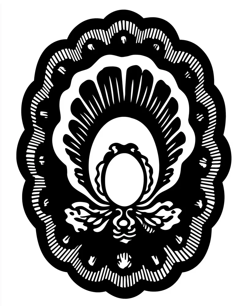 Black and white vintage illustration of an ornate scallop shell with an egg