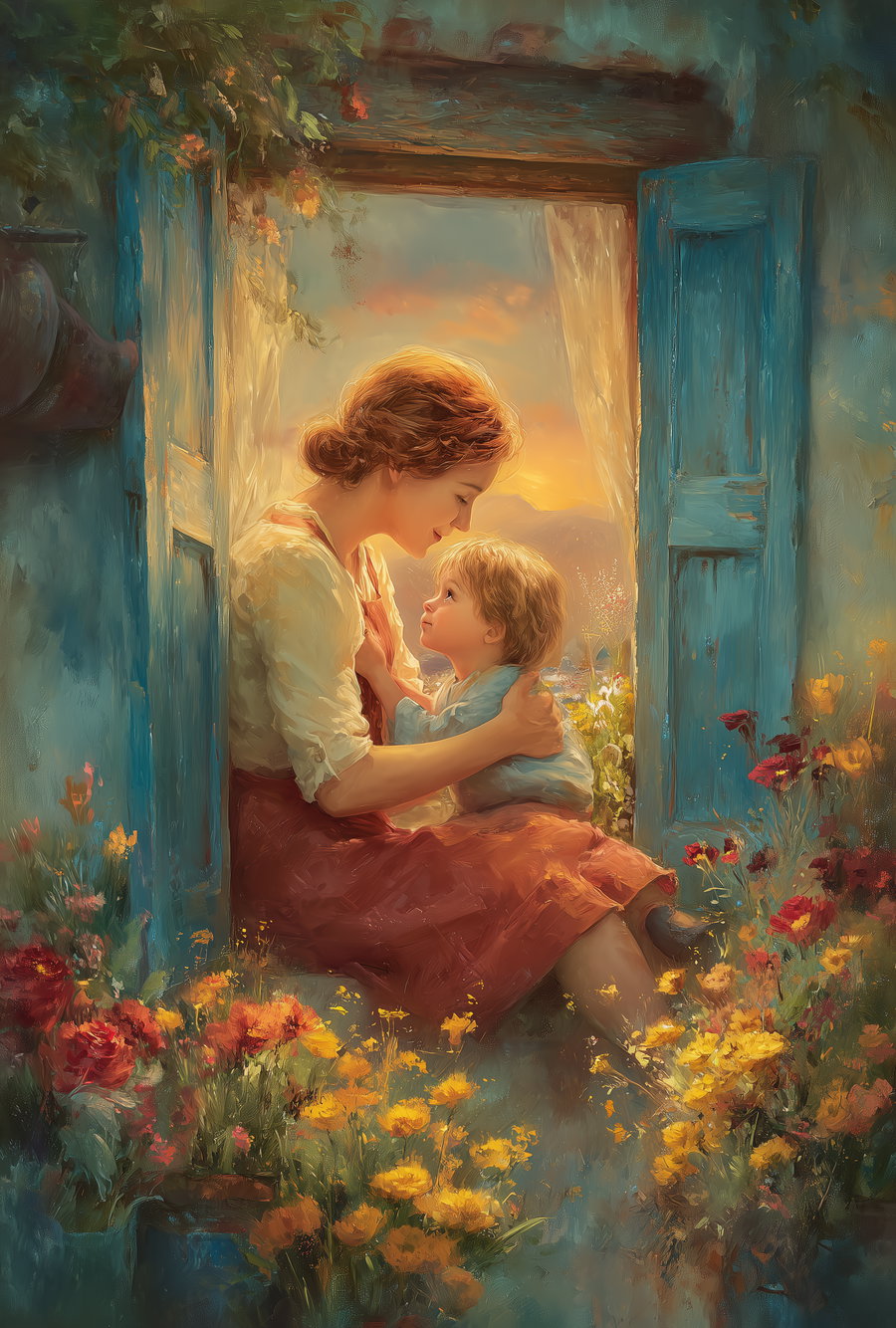Painting of a woman and child sitting on steps surrounded by colorful flowers, with warm sunset lighting and open blue shutters