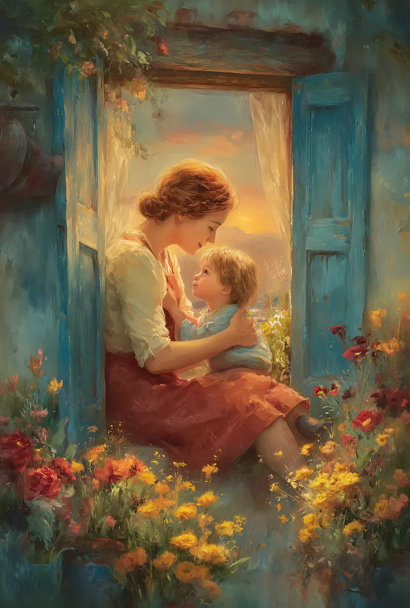Tender Moment Between Mother and Child Amidst Vibrant Flowers at Sunset