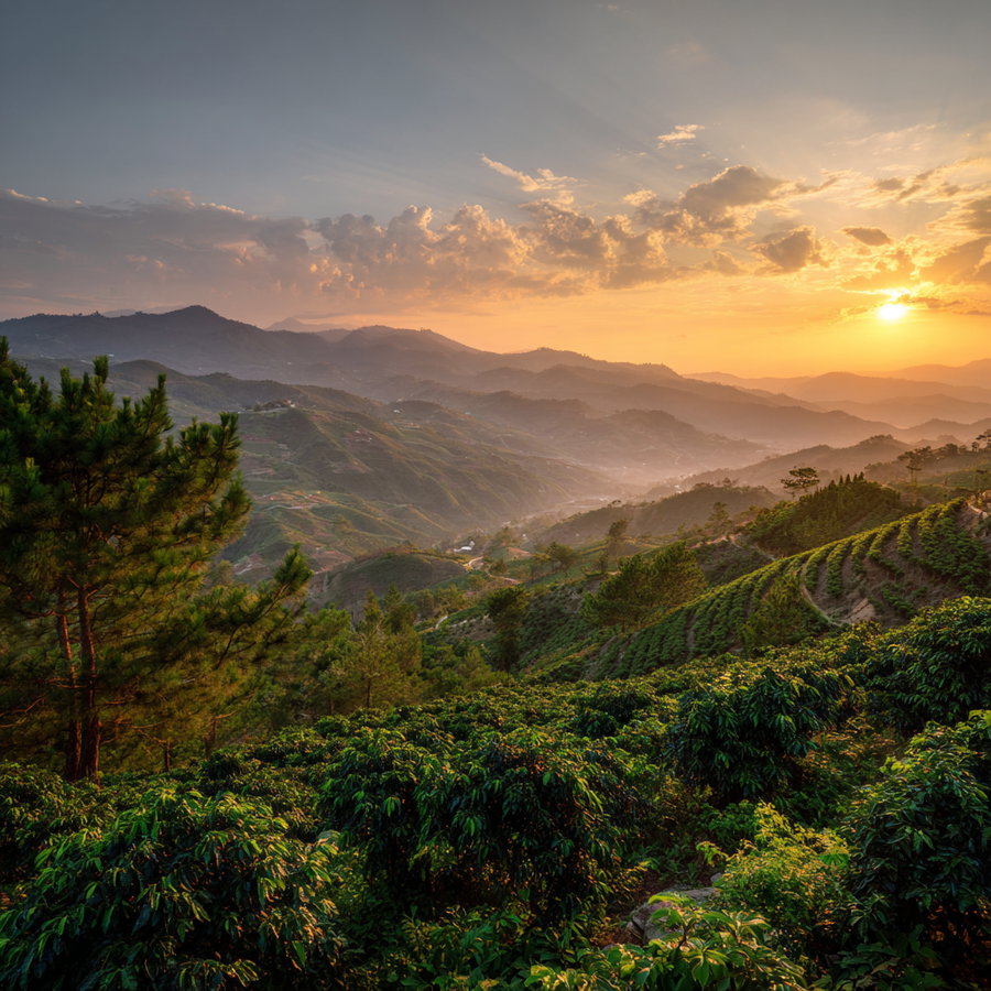 A scenic view of green hills and trees with multiple mountain layers in the background under a partly cloudy sky with the sun setting, casting warm golden light over the landscape.