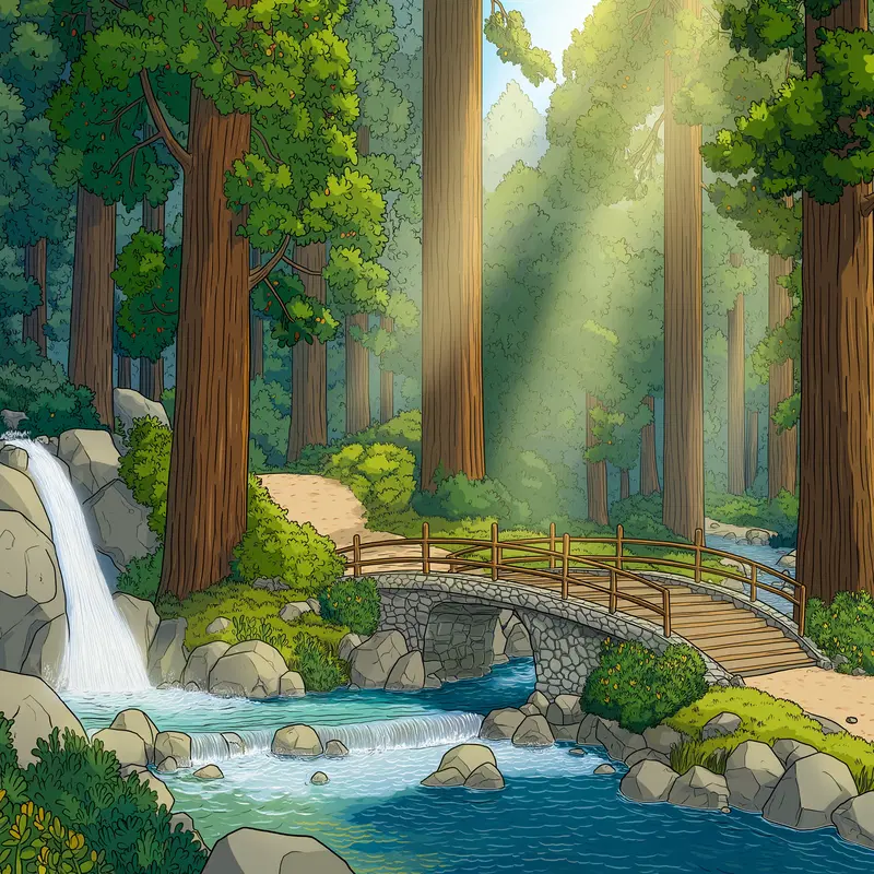 Tranquil forest scene with a stone bridge over a flowing stream and waterfall