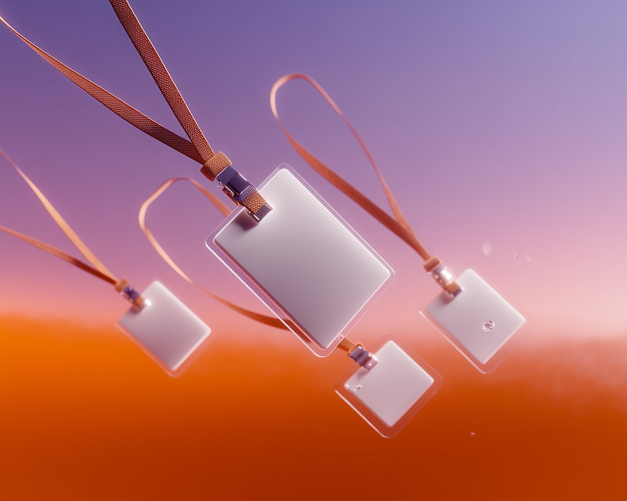 Several blank lanyard ID cards with orange straps floating in front of a background transitioning from orange at the bottom to purple at the top