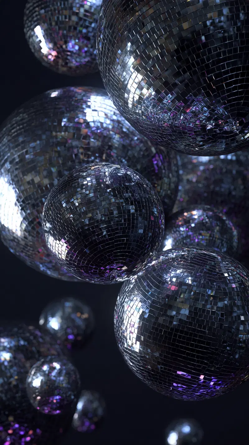 Moody reflective disco balls floating on dark background creating a dynamic scene