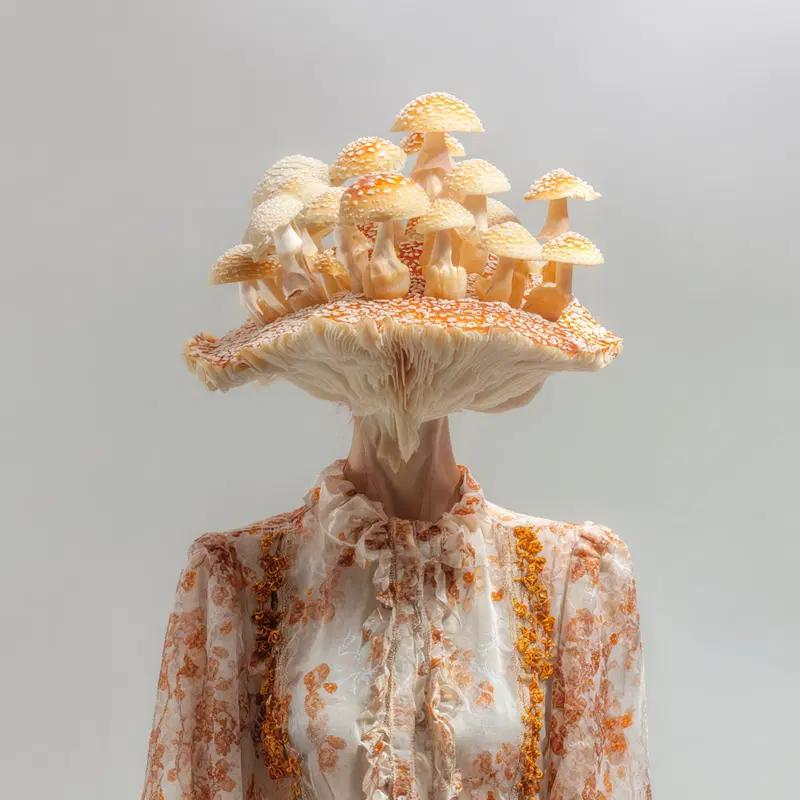 Surreal art piece depicting a person with a mushroom cluster as their head