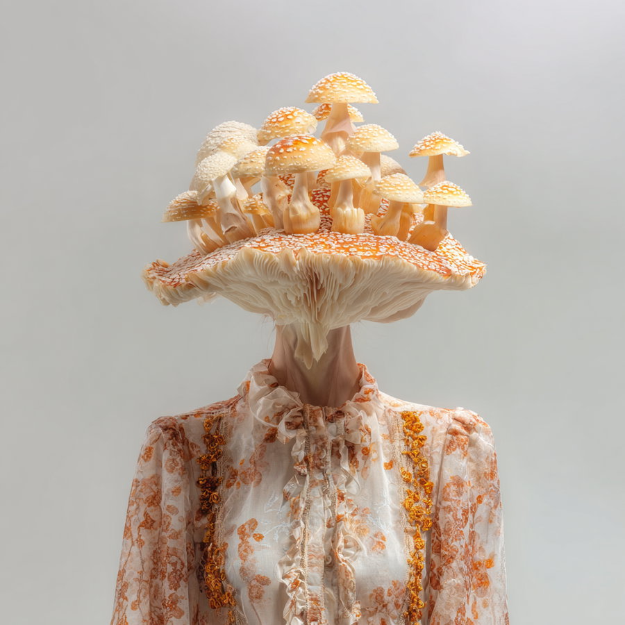 A surreal image of a person wearing a vintage floral dress with their head replaced by a large cluster of orange and white mushrooms against a plain light gray background.