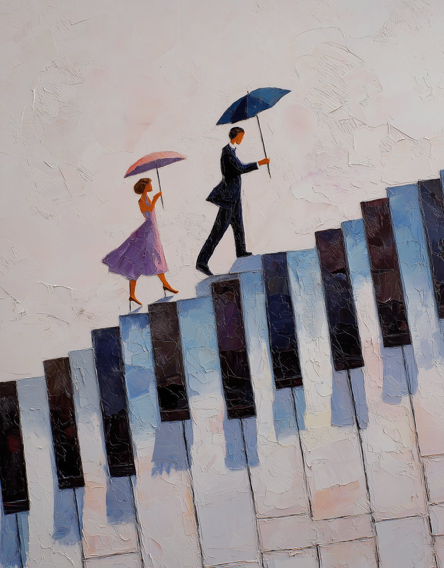 An abstract textured painting depicting a man and woman holding umbrellas walking up piano keys, the man in a suit holding a blue umbrella and the woman in a purple dress with a pink umbrella