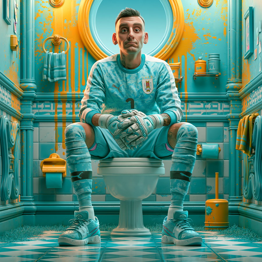 A soccer goalkeeper in full uniform sitting on a toilet in a small bathroom decorated in bright turquoise and yellow colors with paint splatters on walls and furniture.