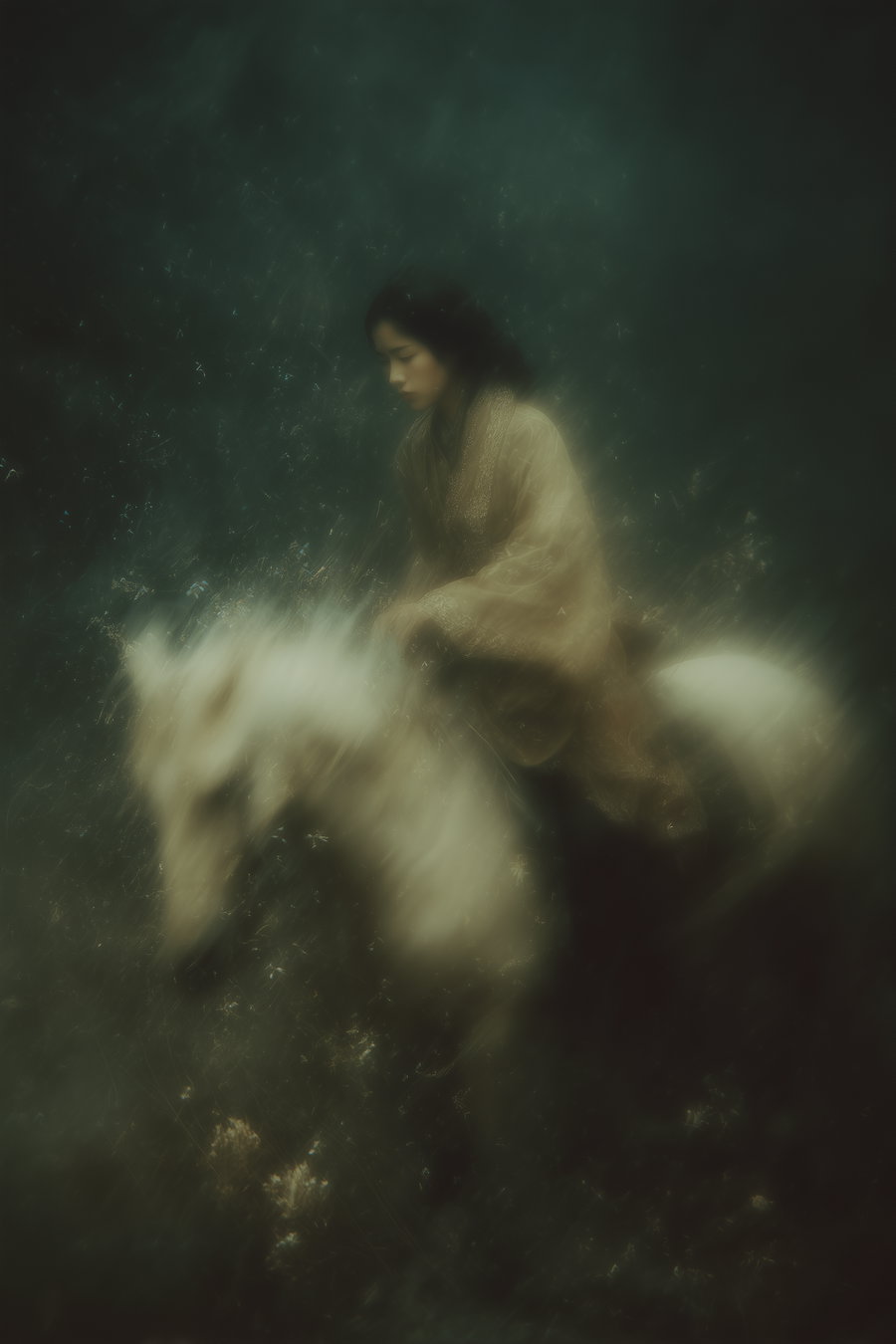 Blurry, dreamy image of a woman in a flowing robe sitting on a white horse surrounded by soft foliage in a dark, surreal environment
