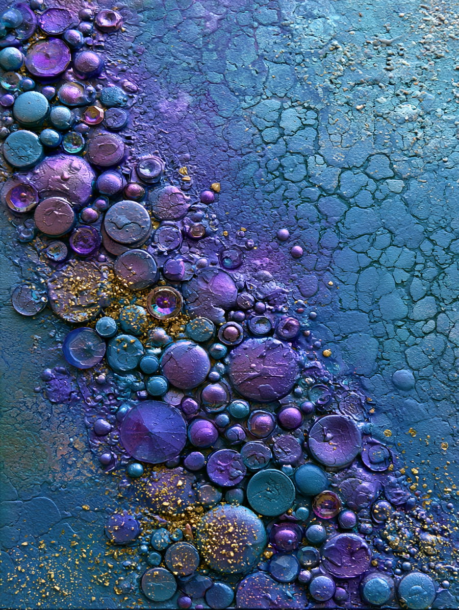close-up of an abstract artwork featuring raised circular forms in shades of purple, blue, and teal with gold specks on a cracked blue background