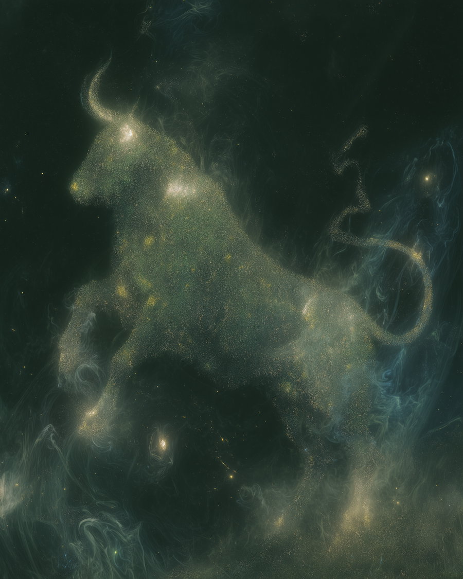 A luminous bull figure made from glowing golden particles and swirling nebulous clouds set against a dark cosmic background