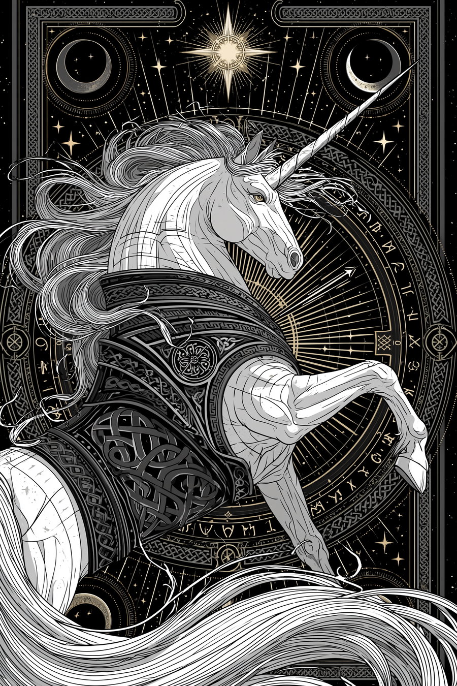 Detailed black and white artistic depiction of a unicorn rearing with flowing mane and tail, decorated with complex patterns, stars, crescent moons, and a radiant sun-like emblem in the background.