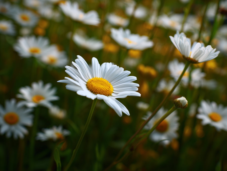 White daisies with yellow centers growing on green stems with blurred daisies in the background
