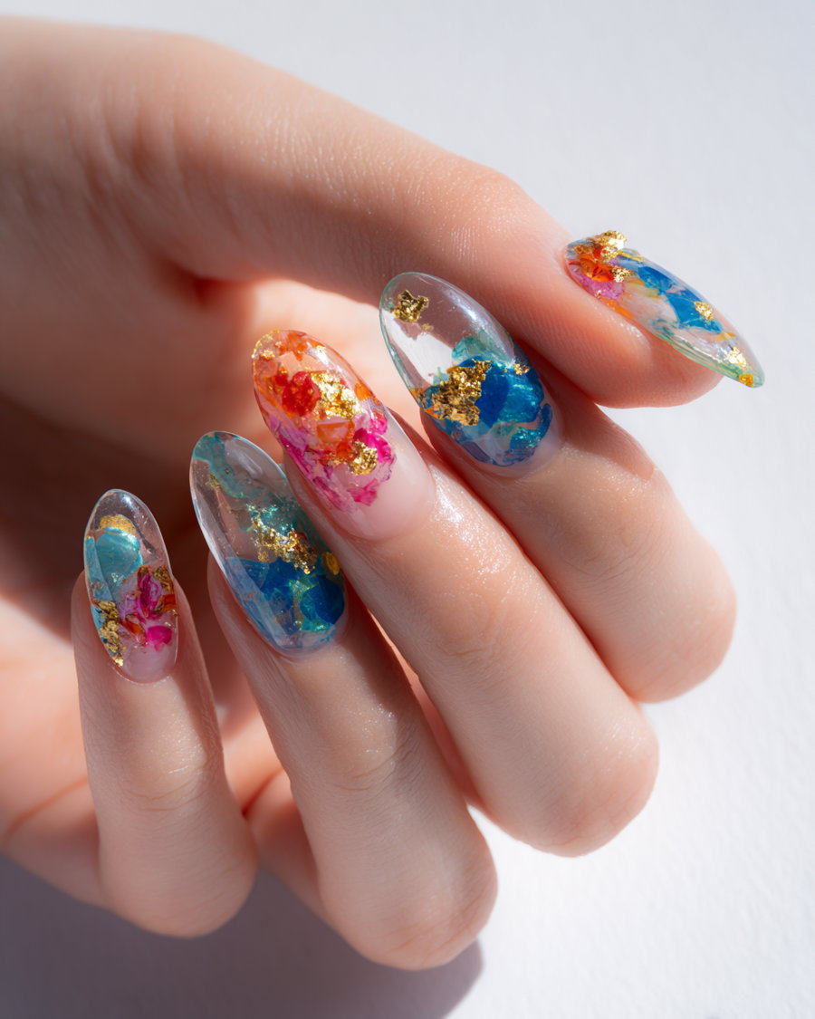 A hand with long almond-shaped nails featuring colorful abstract nail art with gold leaf detailing on a light background