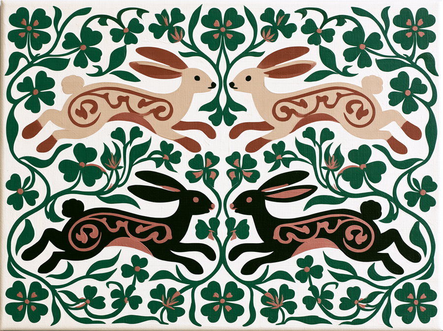 Patterned artwork featuring two light brown and two black rabbits with ornamental details running amid green leafy vines and flowers on a white background