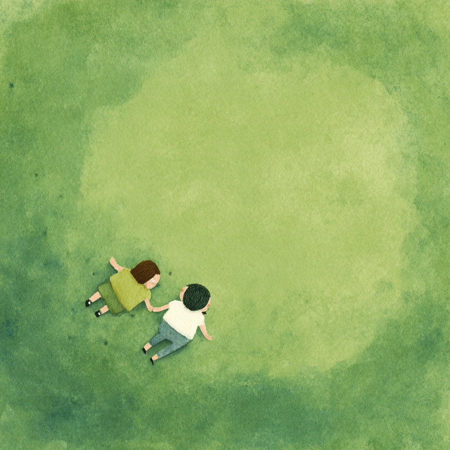 Watercolor painting of two children lying down on a green textured background resembling grass, viewed from above