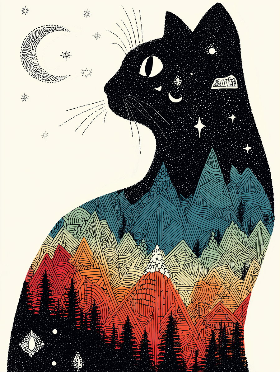 A detailed black cat silhouette with patterns of stars, moon, and colorful abstract mountain landscape inside it on a cream background