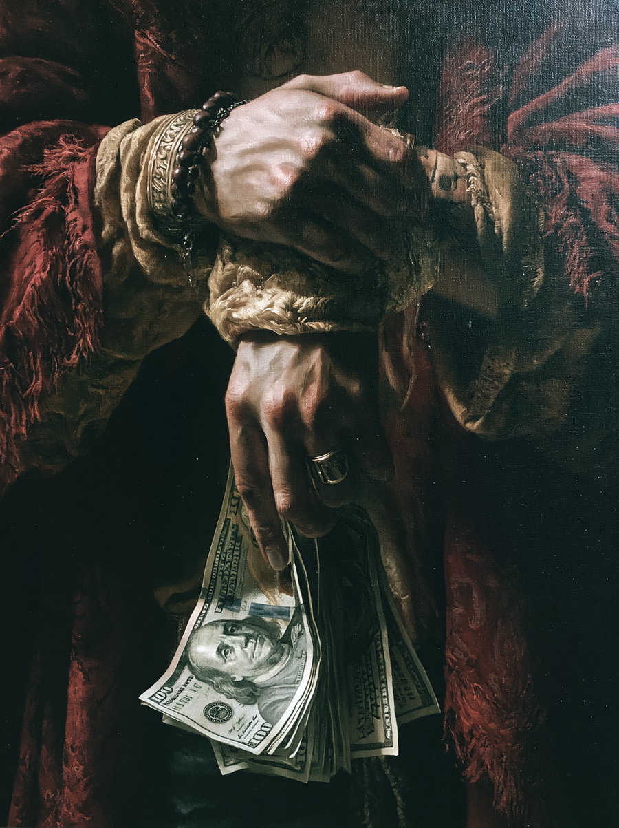 A close-up of a painting showing detailed hands holding a bundle of US dollar bills, with rich textures in a red and beige garment