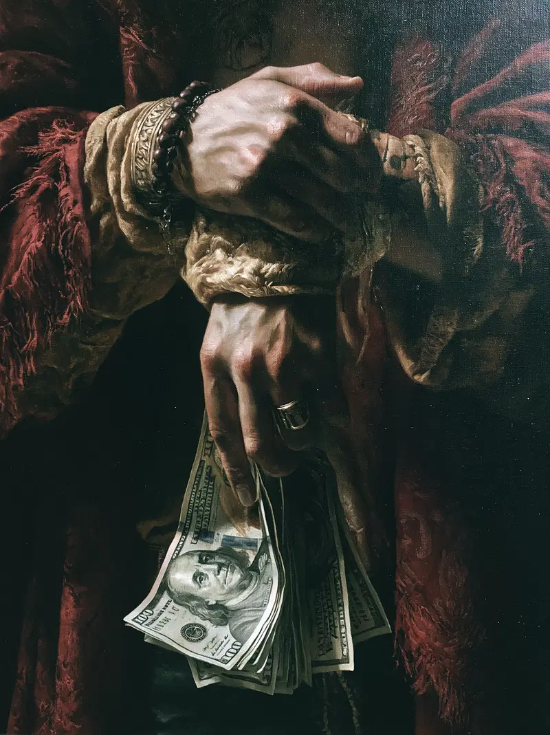 Classic European style painting of hands holding a stack of dollar bills