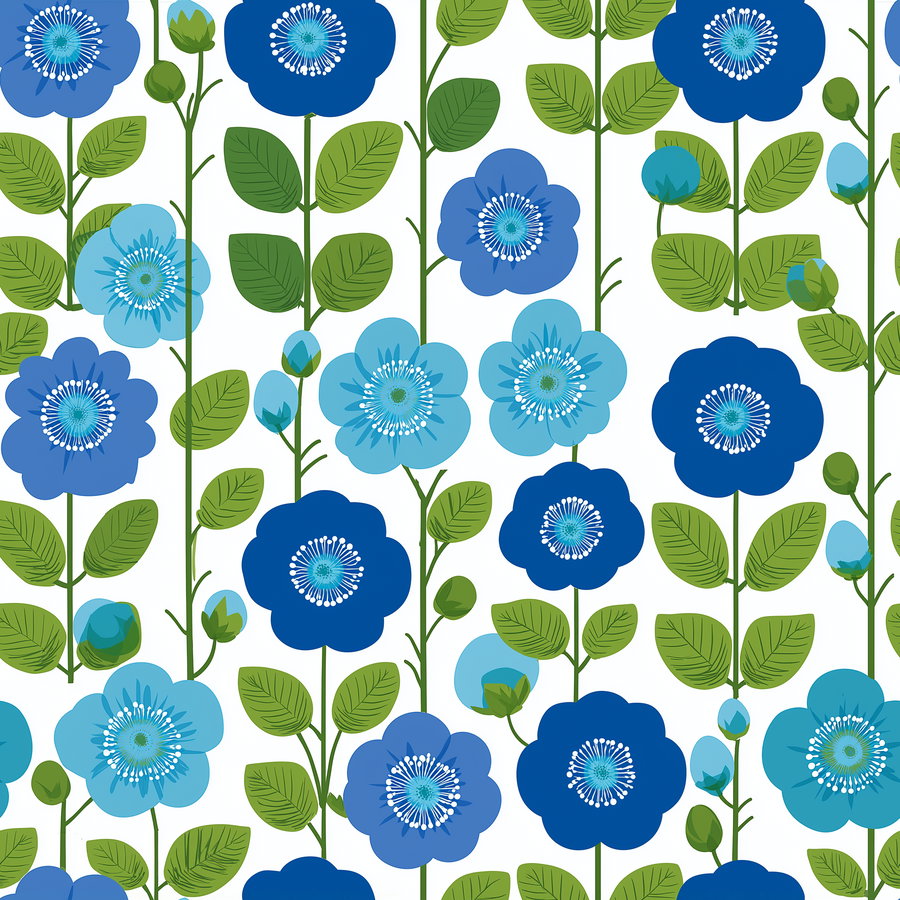 Pattern of stylized blue flowers with green leaves and stems on a white background