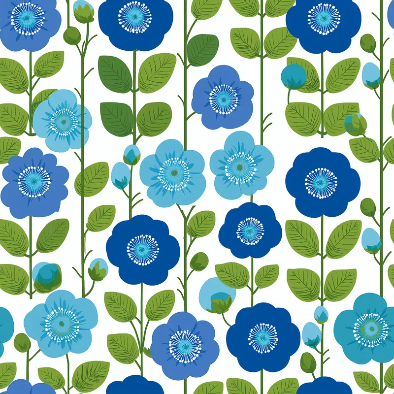 Seamless pattern of blue flowers with green leaves on white background