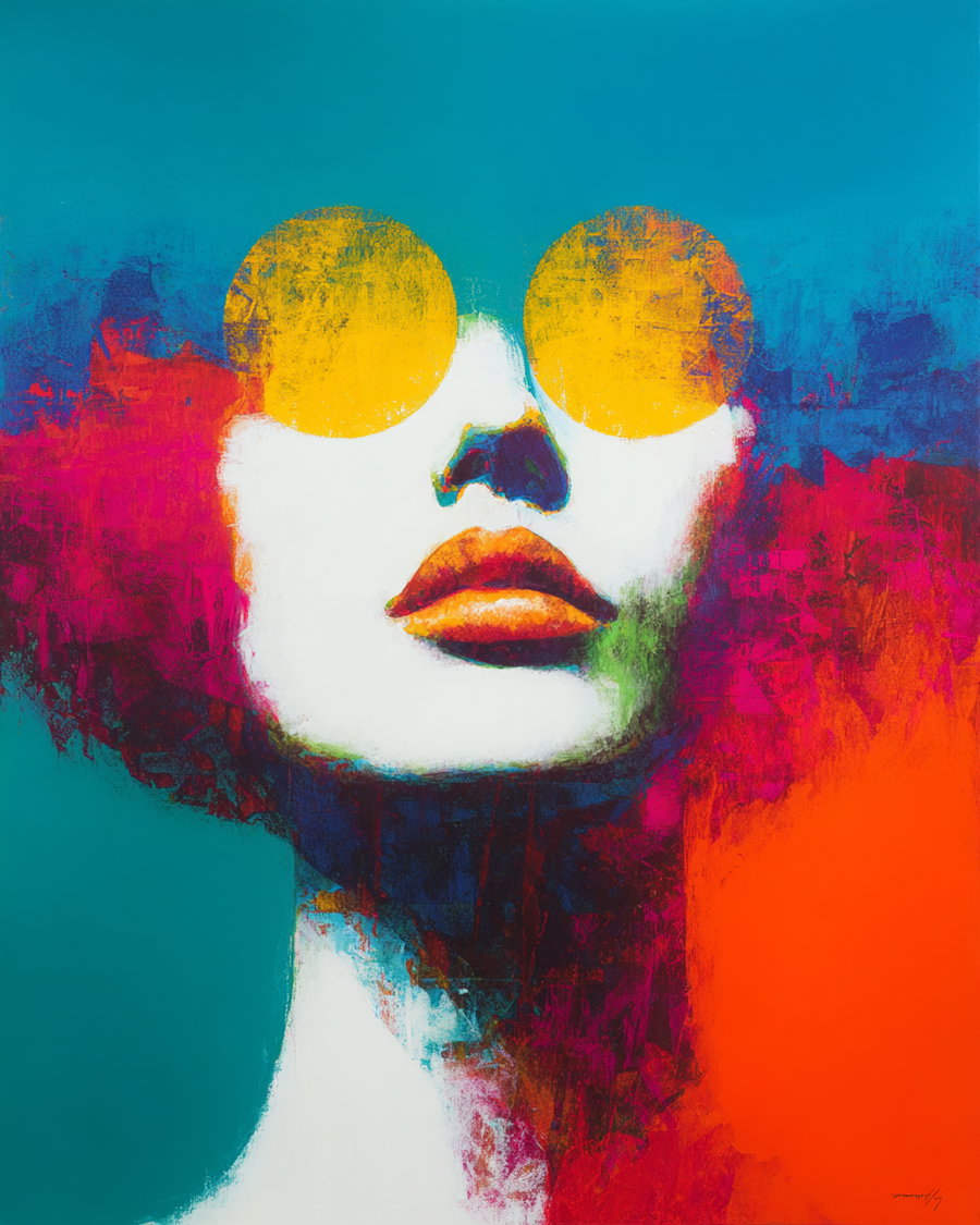 Colorful abstract portrait of a woman wearing large round yellow sunglasses, with red, orange, green, and blue hues blending around her face and hair against a teal background