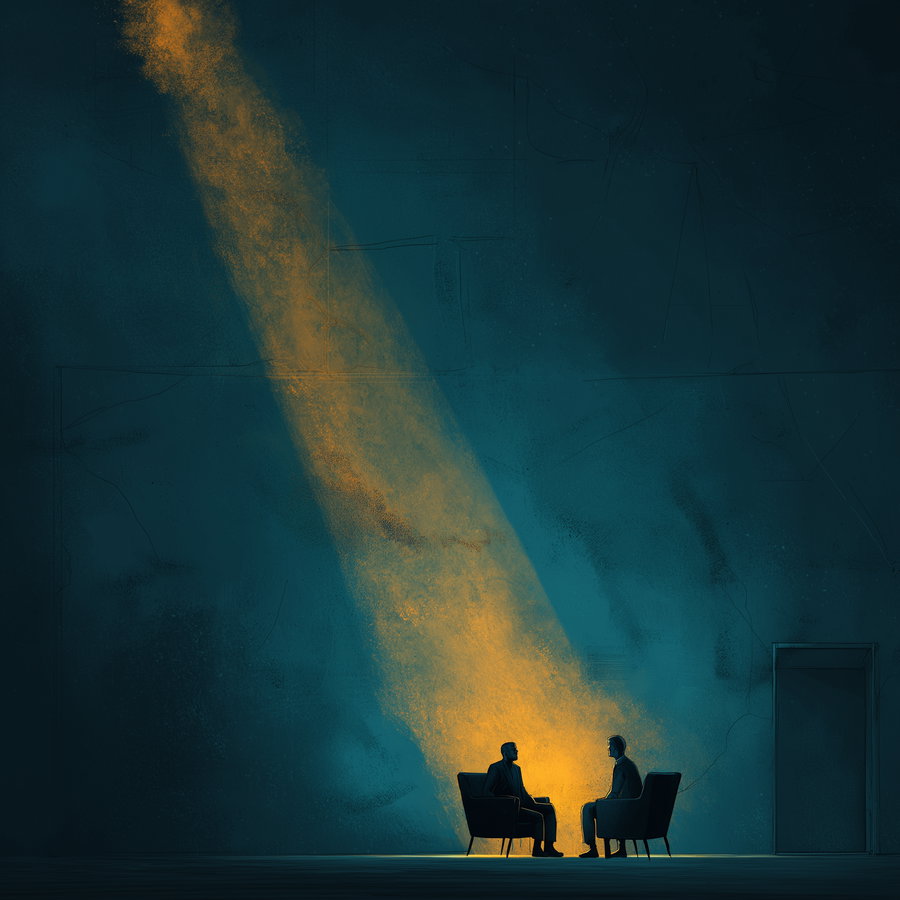 Two silhouetted men sitting face to face in armchairs with a strong warm yellow light beam illuminating them against a dark blue textured background with a door on the right