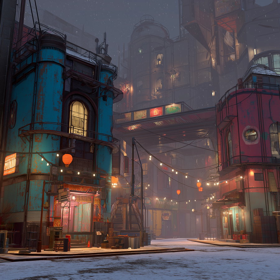 A dimly lit urban street at dusk with blue and red cylindrical buildings, hanging string lights and lanterns, and a snowy ground under a misty sky.