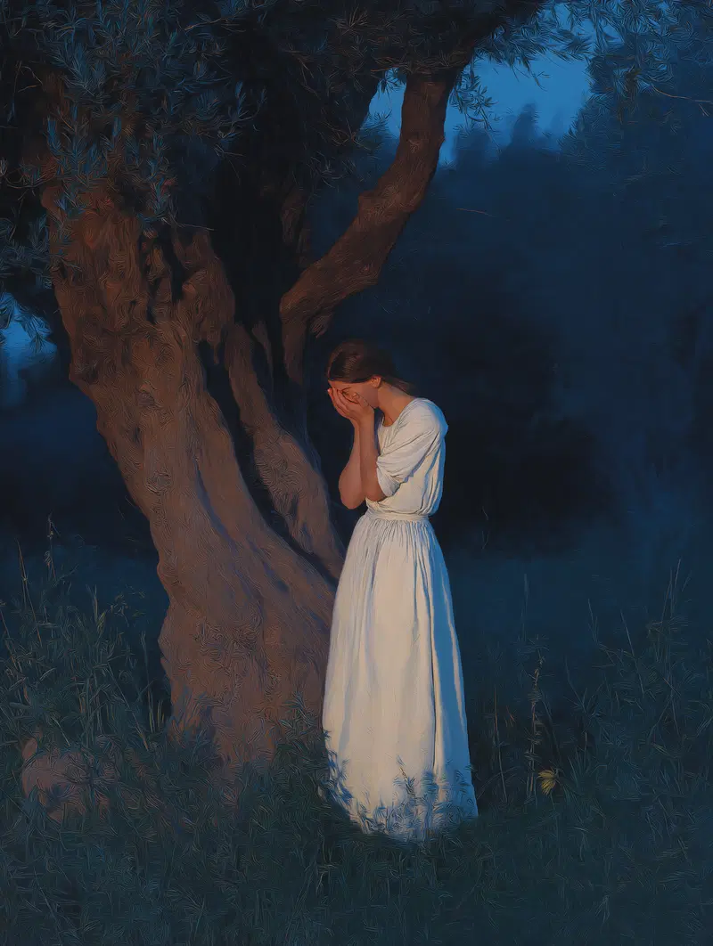 Romantic scene of a woman in a white dress standing by an old tree in twilight