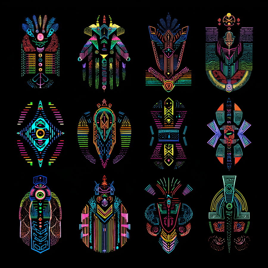 Twelve colorful abstract neon illustrations with intricate geometric and tribal patterns arranged in a grid on a black background