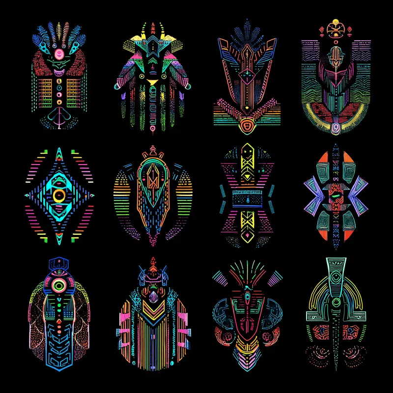 Collection of twelve vibrant abstract neon designs on black background