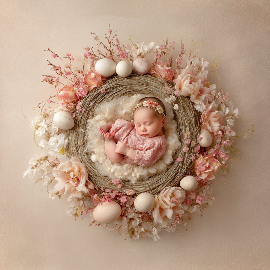 A newborn baby dressed in soft pink, peacefully sleeping curled up inside a circular wreath made of branches, decorated with pink flowers and white eggs on a beige background.