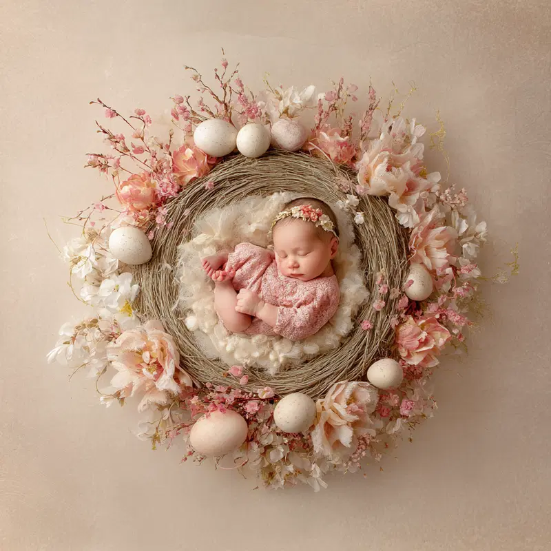 Newborn baby sleeping in a soft floral wreath with pastel tones
