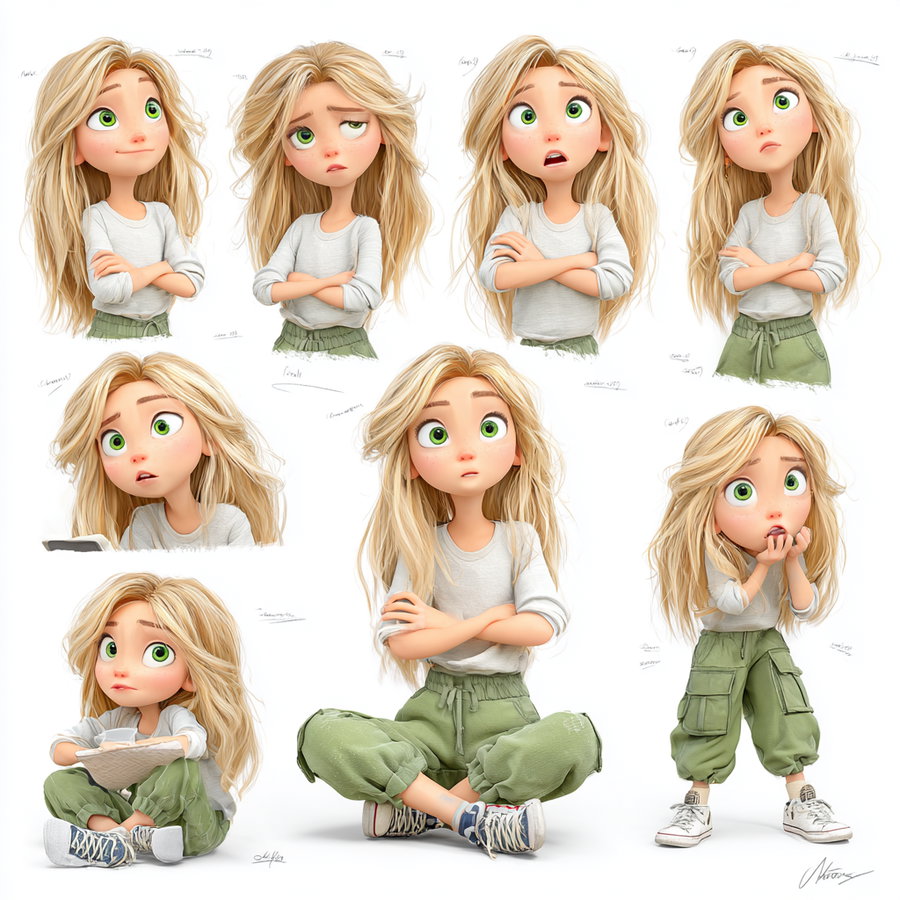 Digital illustrations showing a young girl with long blonde hair and green eyes in various emotional expressions and poses, wearing a white long-sleeve shirt and green pants with sneakers, on a white background.