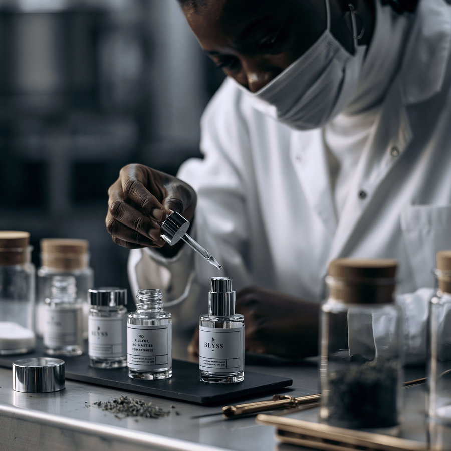 Person wearing a white lab coat and face mask using a dropper to dispense liquid into a small glass cosmetic bottle labeled Blyss, with various glass containers and natural ingredients on the table