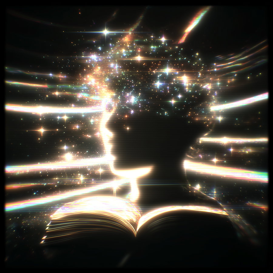 Silhouette profile of a person with glowing star-like particles and colorful light streaks emanating from their head and an open book below, against a dark background