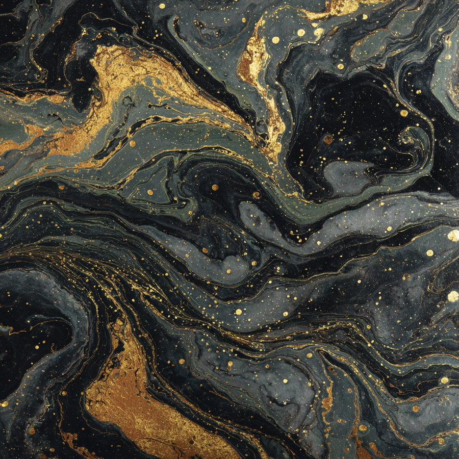 Abstract art featuring flowing marble patterns in black and gray with gold streaks and dots scattered throughout