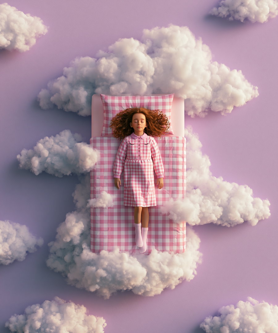 A girl in a pink checkered dress lying on a pink checkered bed that is floating among fluffy white clouds on a purple background