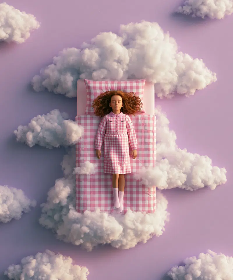 Dream-like artwork of a girl sleeping on a floating bed surrounded by clouds