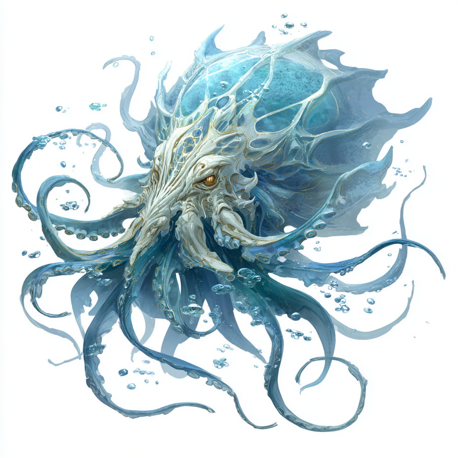 Digital artwork of a mythical octopus-like sea creature with translucent blue tentacles and a detailed, ornate head, surrounded by water bubbles on a white background