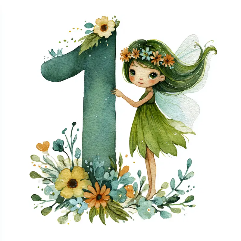Whimsical watercolor illustration of a fairy with floral crown and large number one