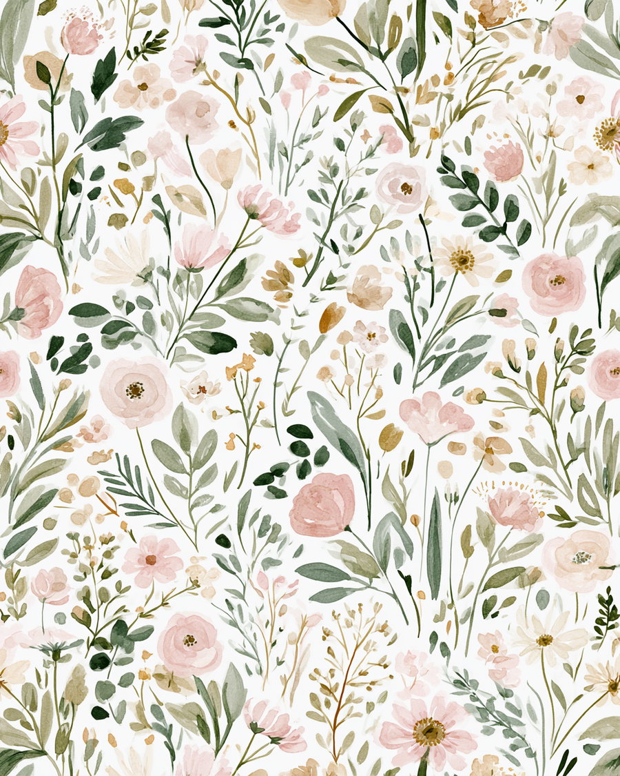 Watercolor painting of various pink blossoms and green leaves on a white background