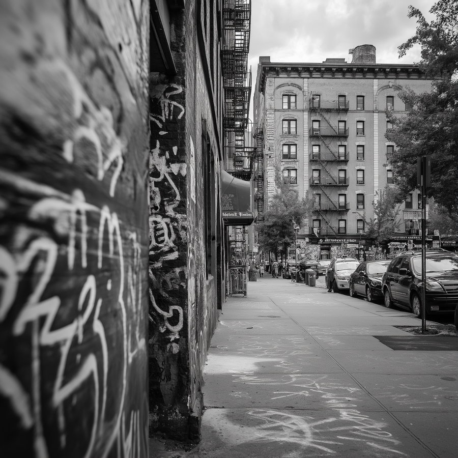 Black and white photo of a street with graffiti on the walls to the left, parked cars on the right, and a large apartment building with fire escapes in the background under a cloudy sky