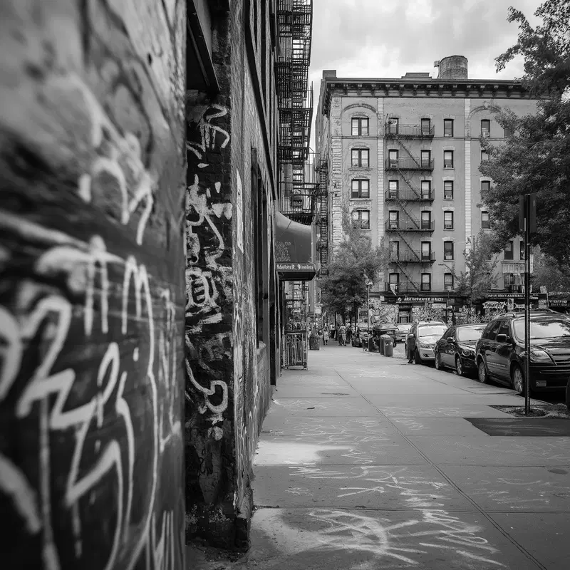 Black and white urban street scene with graffiti and apartment buildings