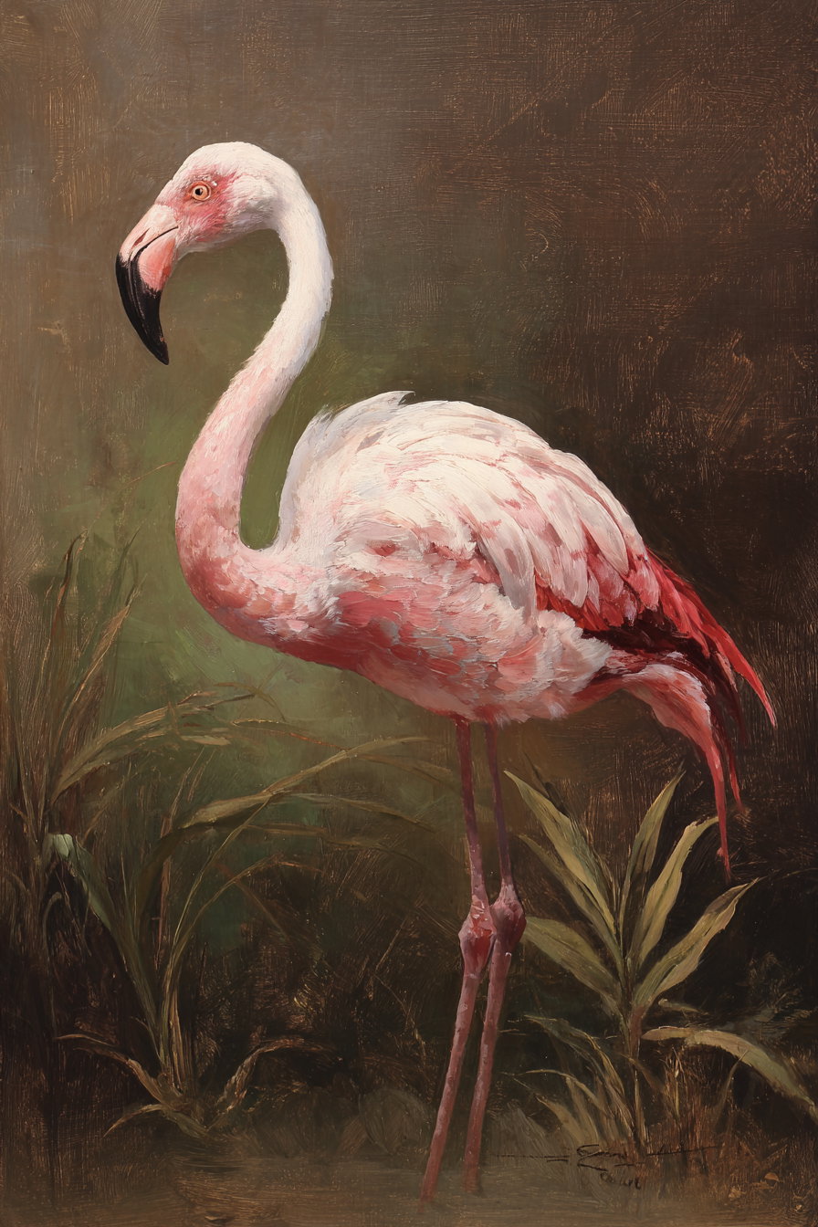Oil painting of a pink flamingo with detailed feathers and long legs, standing near green foliage with a dark brown and green background