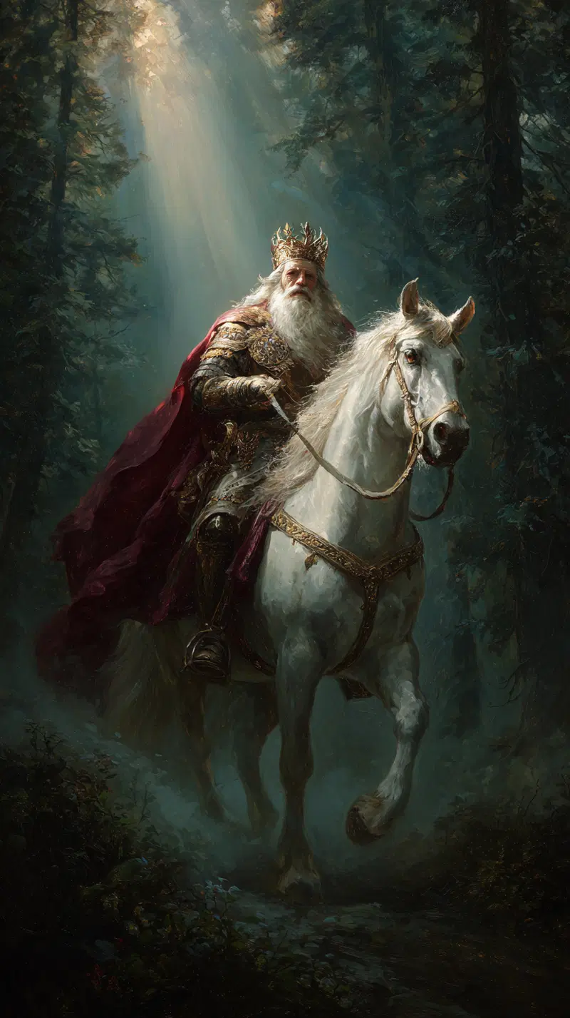 Classic European art of a regal king on a white horse in a forest