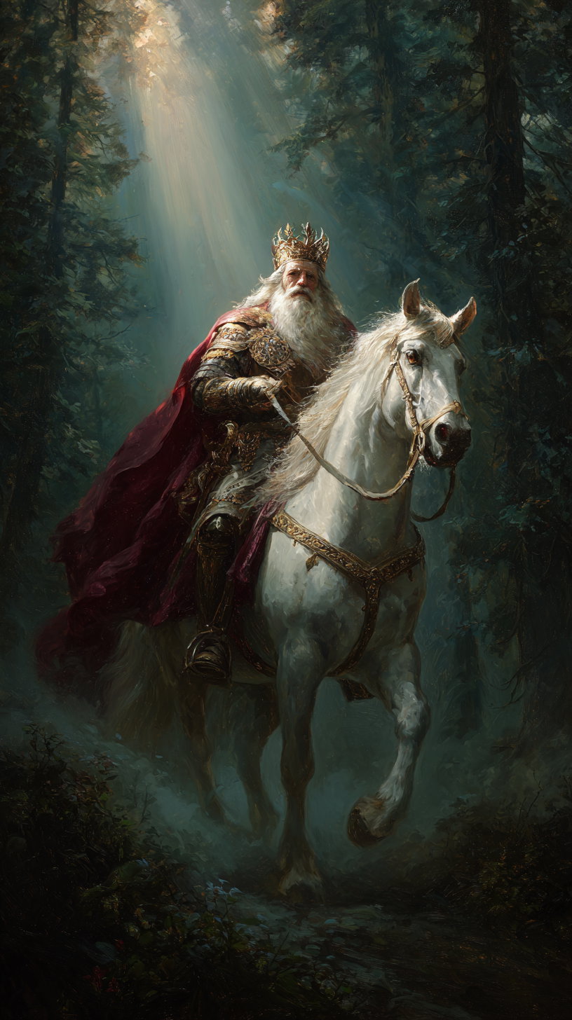 An old bearded king wearing a gold crown and armor with a red cape riding a white horse on a forest path with sunlight streaming through trees